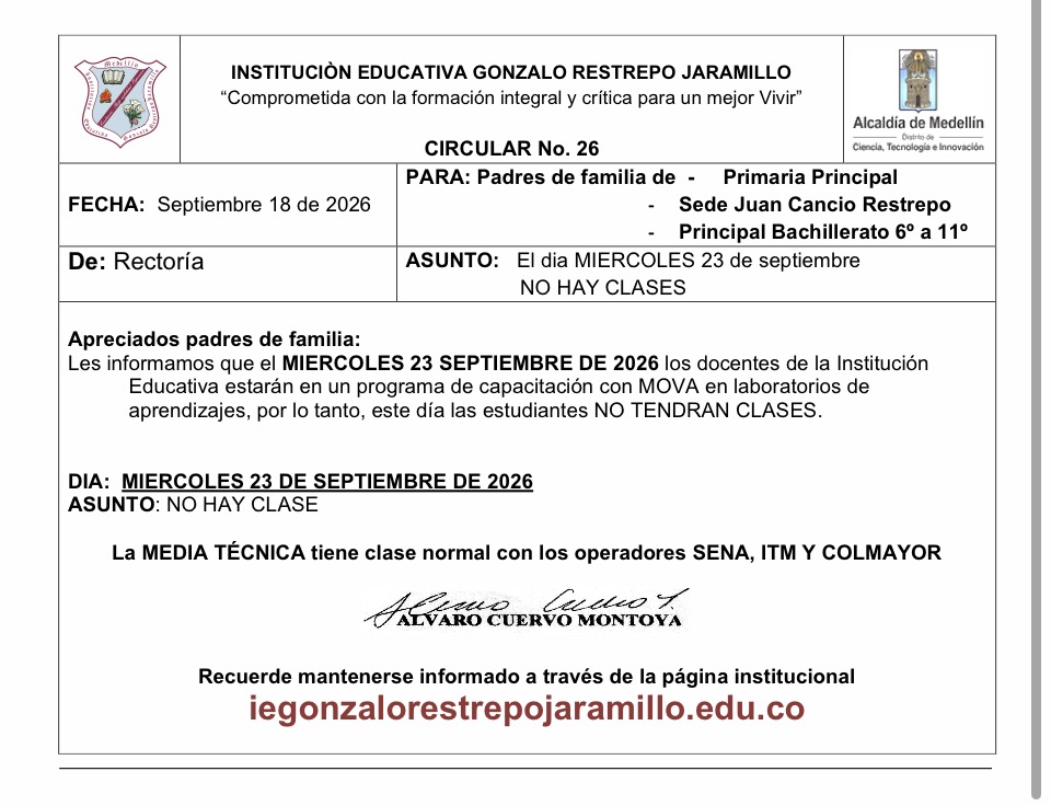Circular 26 NO HAY CLASE miércoles 23 de sept 2026
Media técnica con operadores SI tiene clases